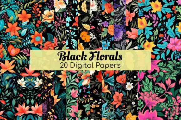 Black Florals Digital Paper Pattern Pack