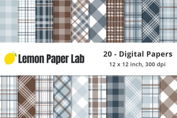 Blue and Brown Plaid Digital Papers for Autumn Crafts and Design Projects