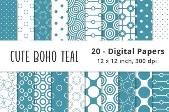 Boho Teal Blue Digital Paper Backgrounds
