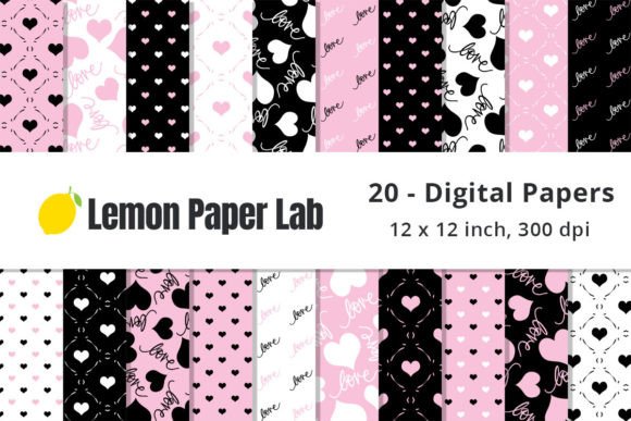 Light Pink Black Hearts Digital Paper