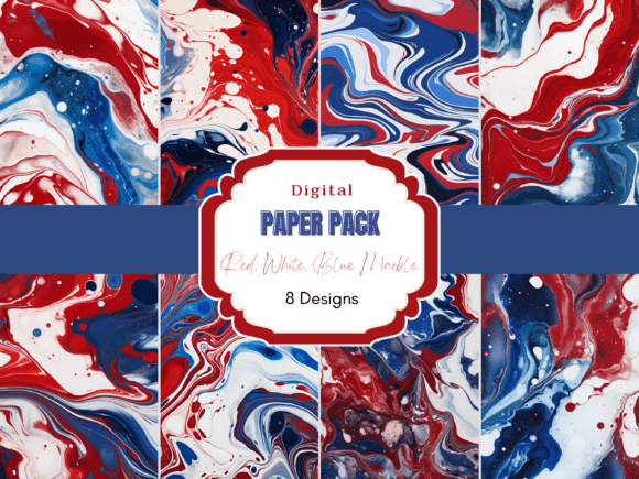 Red, White, Blue Marble Digital Paper